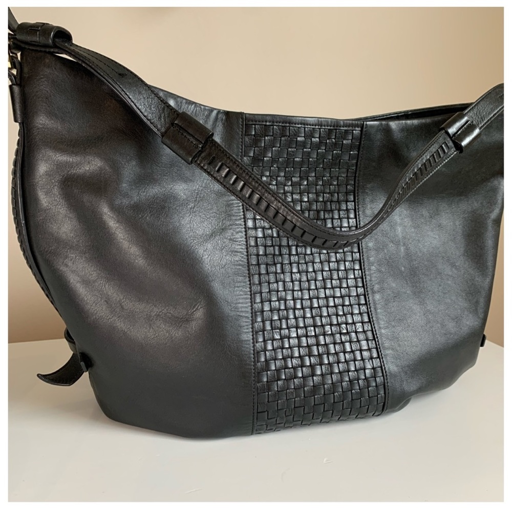 COLE HAAN Black Woven Pebble Leather Hobo Handbag